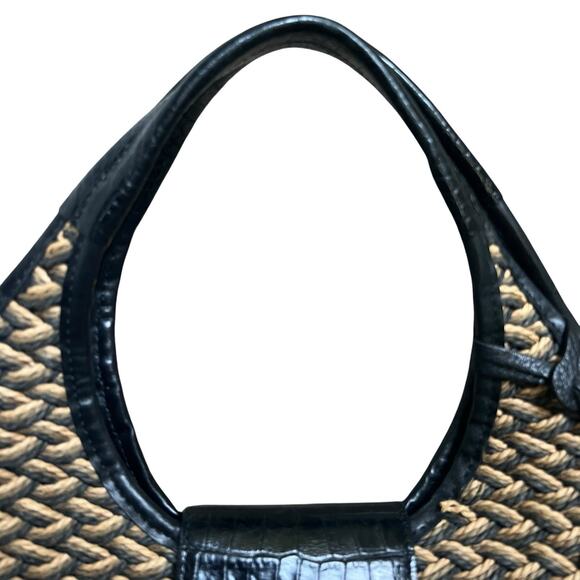 Brighton Woven Tan Straw Shoulder Bag Handbag Purse Black Croc Leather Handles - Picture 3 of 15